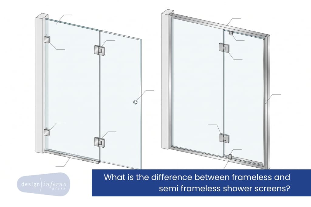 Diagram comparing frameless and semi frameless shower screen construction