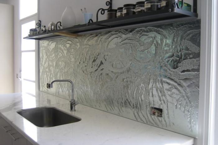 Textured slumped glass panel diffusing light in a Melbourne interior