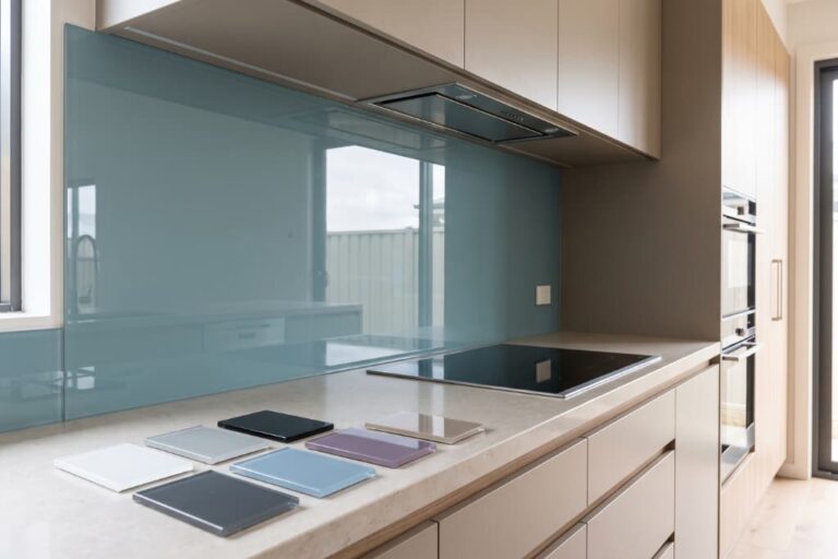 Modern Melbourne kitchen with a coloured glass splashback and glass colour samples on the benchtop.