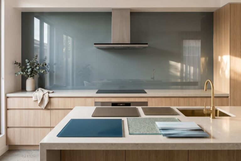 Modern Melbourne kitchen with a glass splashback and different splashback samples displayed on the benchtop.