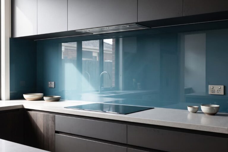 Modern Melbourne kitchen featuring a seamless coloured glass splashback behind the cooktop.
