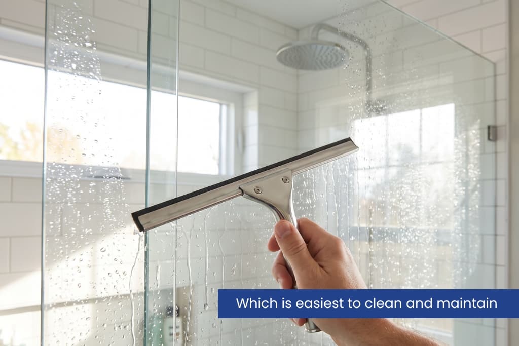Squeegee wiping a clear frameless glass shower panel with water beading in a bright bathroom