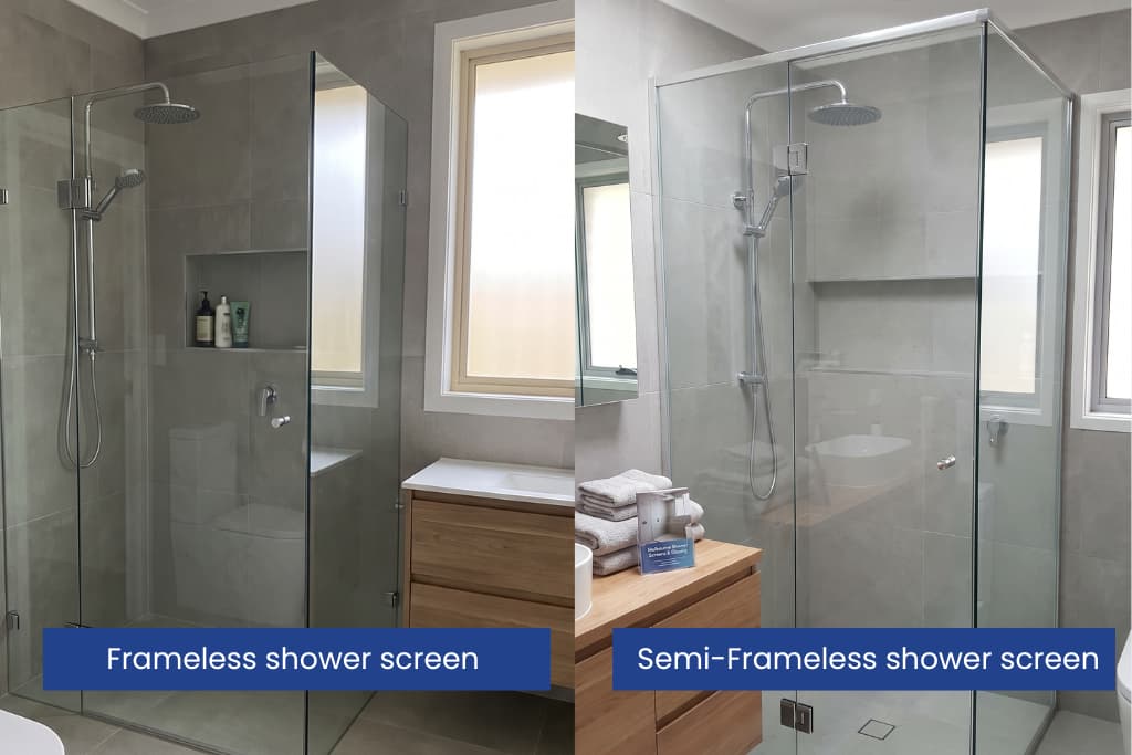 Frameless 10mm glass shower screen with chrome hinges in a small modern ensuite