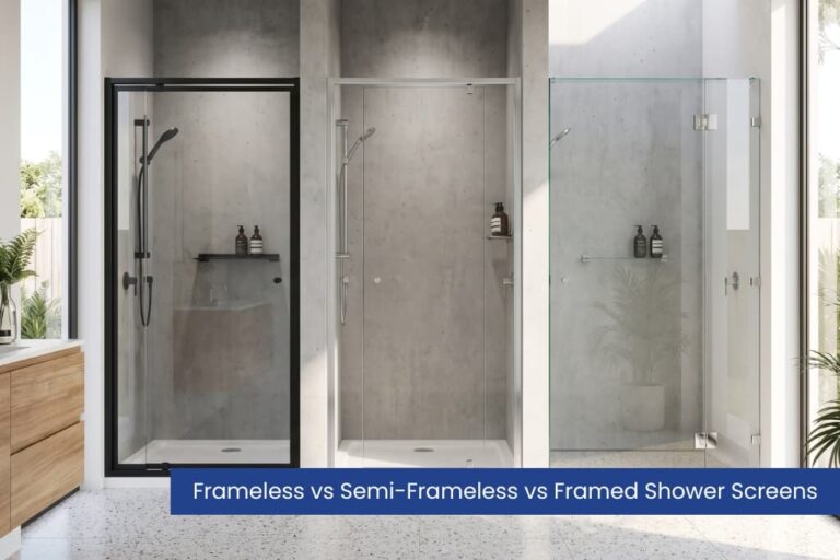 Framed, semi-frameless and frameless shower screens compared side by side in a modern Australian bathroom