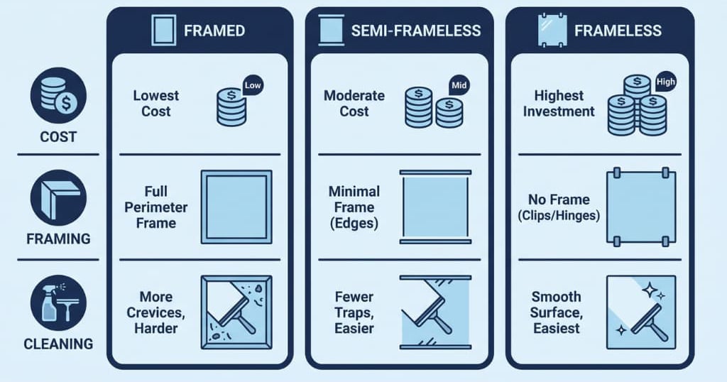 Clean flat-design infographic comparing framed, semi-frameless and frameless shower screens by cost, framing and cleaning, navy and light-blue palette, simple icons.