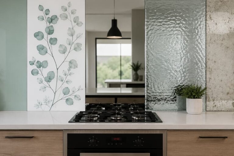 five glass splashback finishes compared side by side