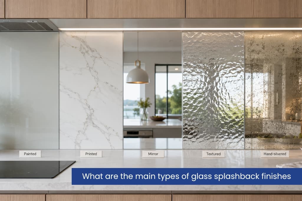 glossy white back-painted glass splashback in a modern kitchen