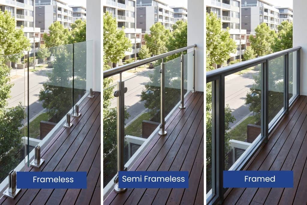 Three glass balustrade styles compared: frameless, semi-frameless and framed