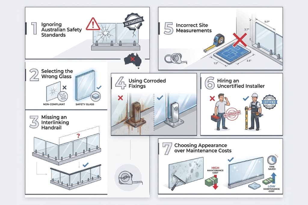 Infographic showing seven common glass balustrade selection and installation mistakes