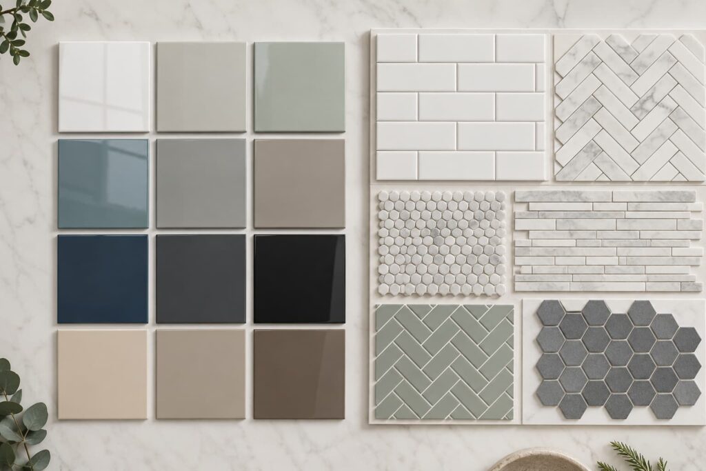 Glass splashback colour swatches next to subway, herringbone and mosaic tile patterns