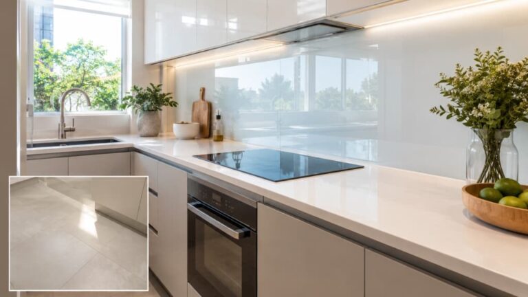 Glass splashback vs wall tiles comparison in a modern Melbourne kitchen