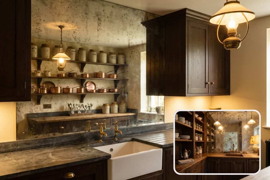 aged hand-silvered antique mirror splashback feature wall