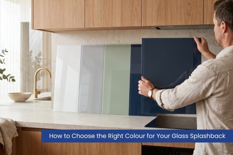 Choosing the right glass splashback colour to match a benchtop and cabinetry.