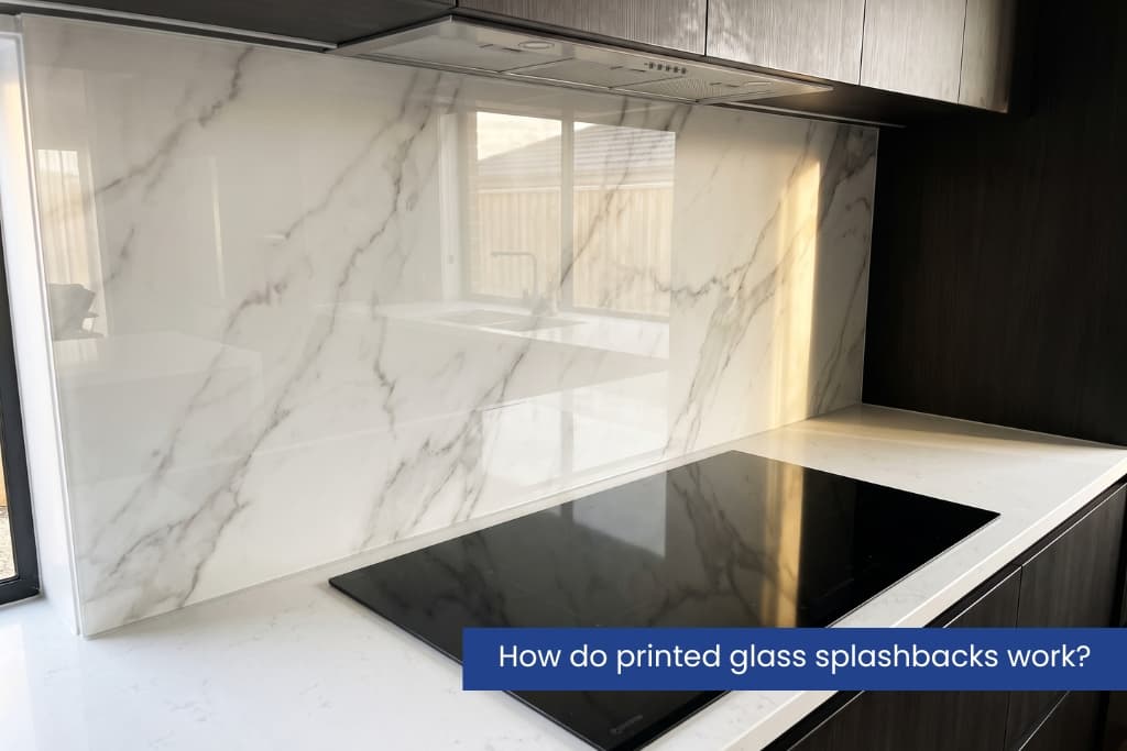 printed marble-look glass splashback in a modern kitchen