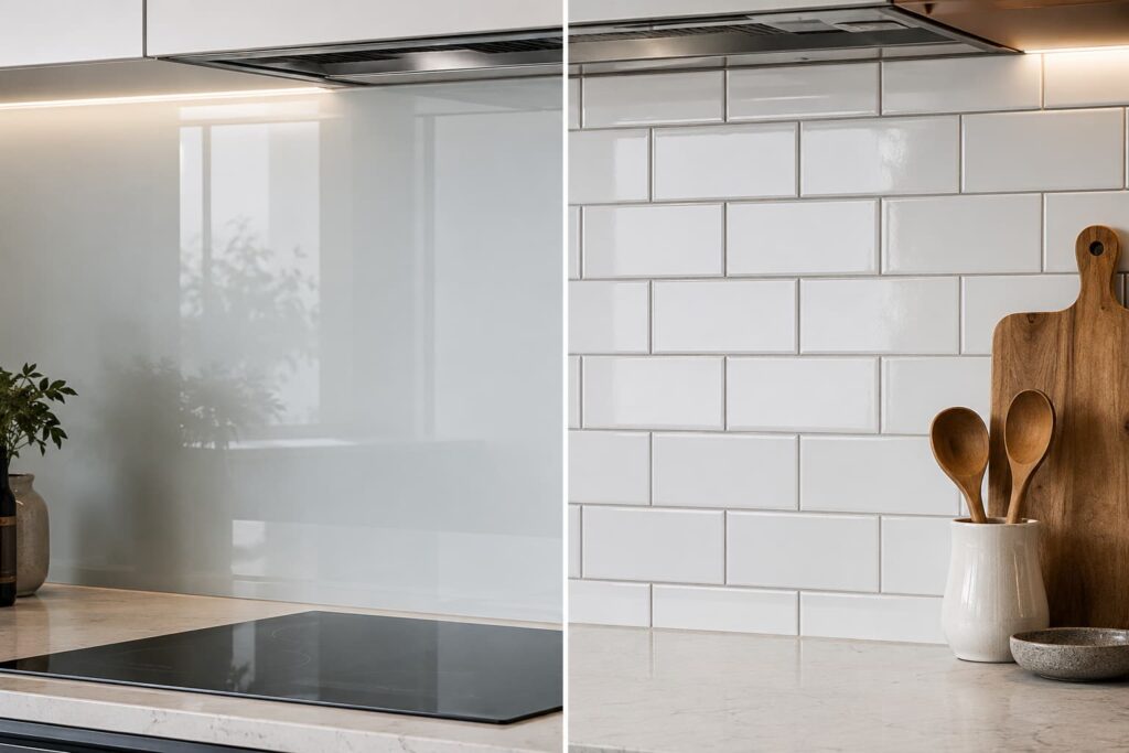 Close-up of seamless glass splashback next to grouted subway tile splashback