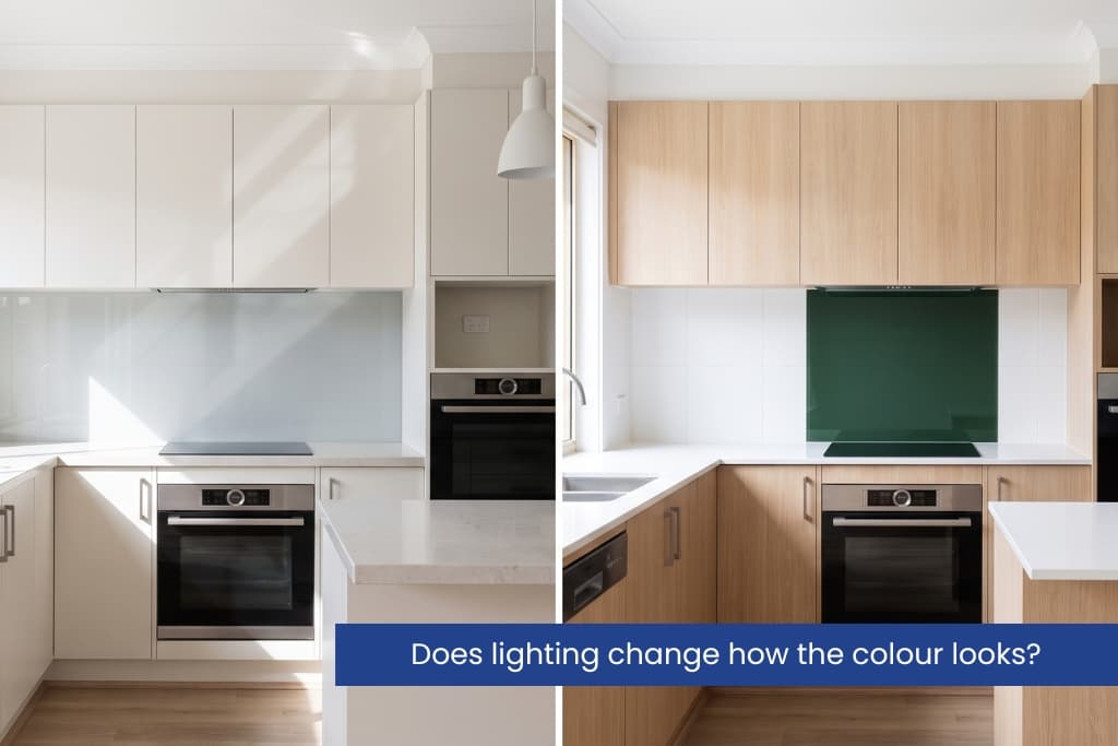 Same splashback colour shown under daylight and warm LED lighting.