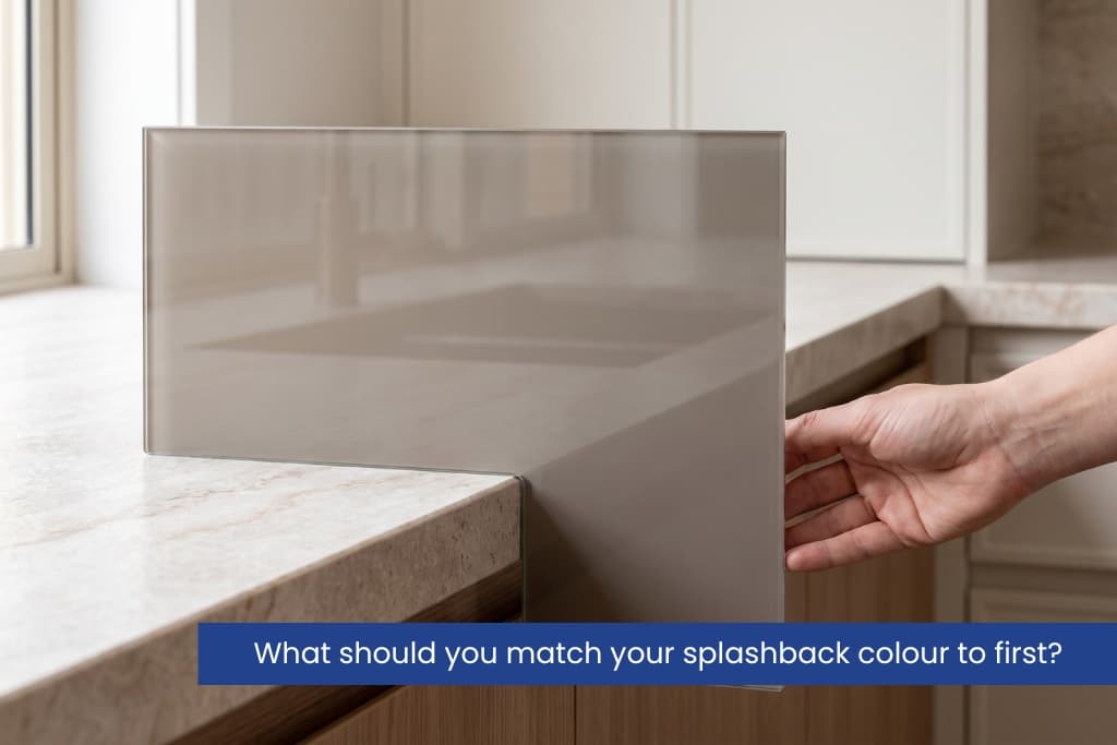 Glass splashback sample held against a stone benchtop to compare undertones.