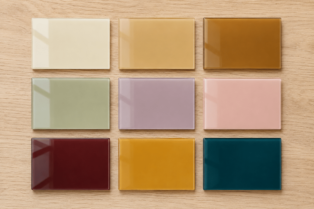 Warm neutral, soft pastel and deep berry glass splashback colour samples side by side
