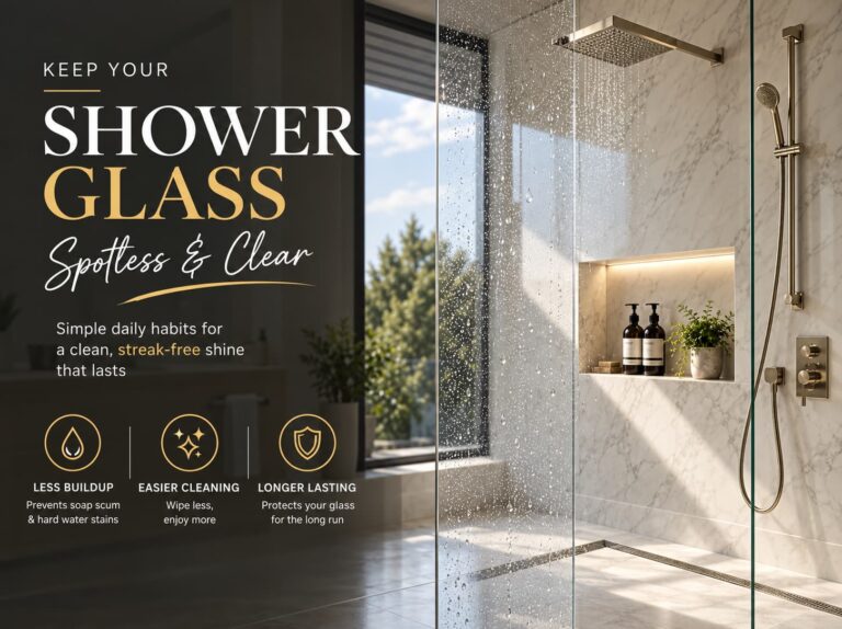Clean frameless glass shower screen with water beading off the surface