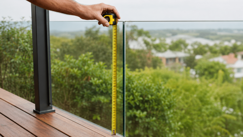 tape measure showing the height of a glass barrier panel on a balcony edge