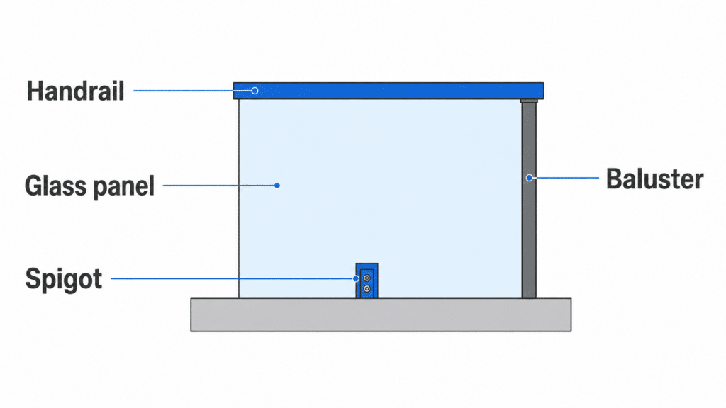 labelled diagram showing the handrail, glass panel, spigot and baluster parts of a balustrade