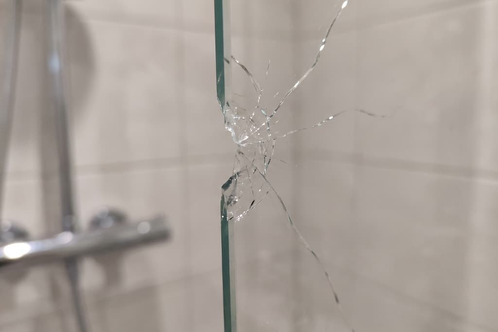 close up of a chipped edge on a toughened glass shower screen panel