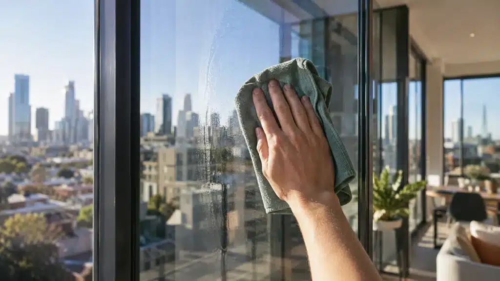 hand polishing a clear glass panel with a dry lint free cloth