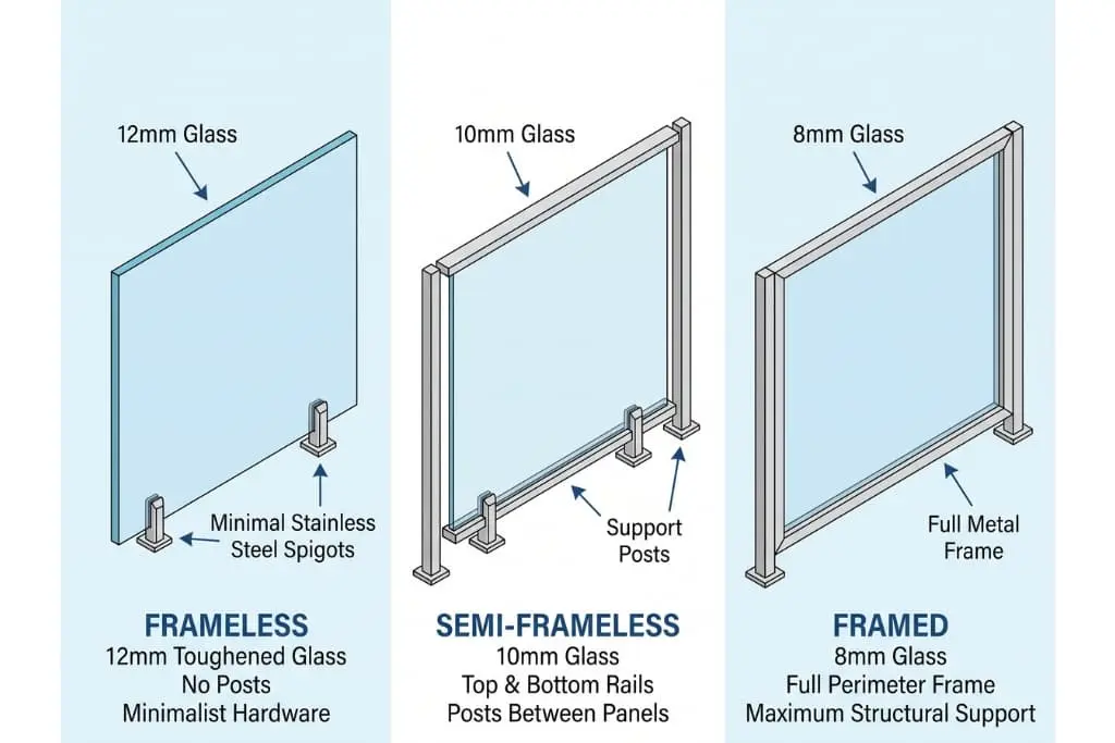 Frameless, semi-frameless and framed pool fence panels shown side by side.