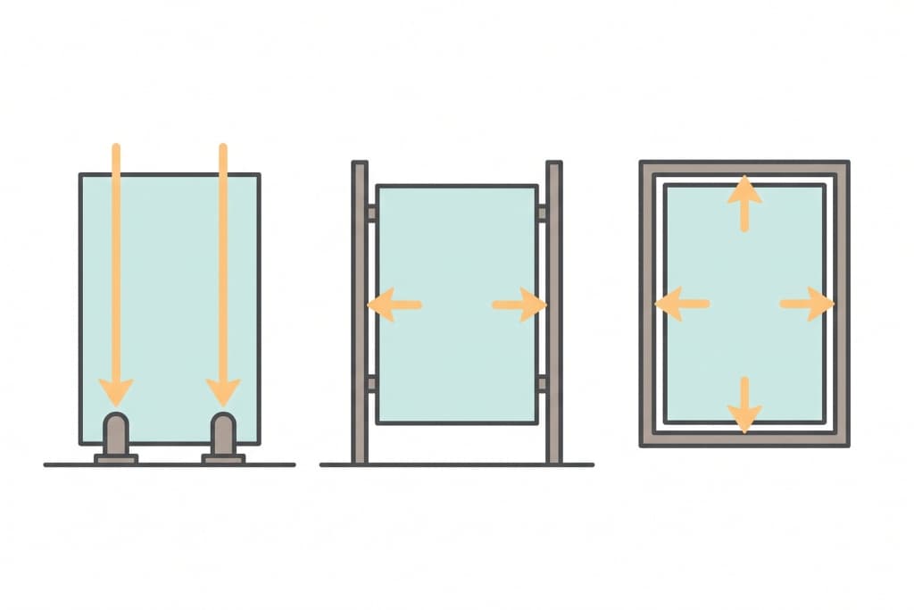Three cross sections showing spigot fixed frameless, post supported semi framed and fully framed glass balustrades.