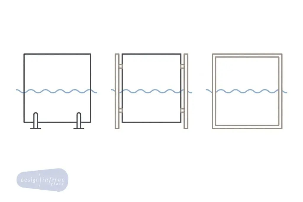 Diagram comparing frameless, semi-frameless and framed glass pool fence panels