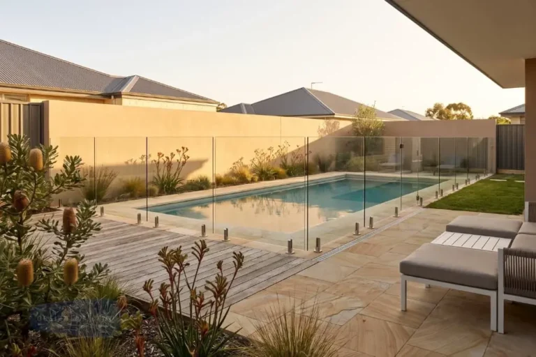 Frameless glass pool fencing around a backyard pool in Melbourne.