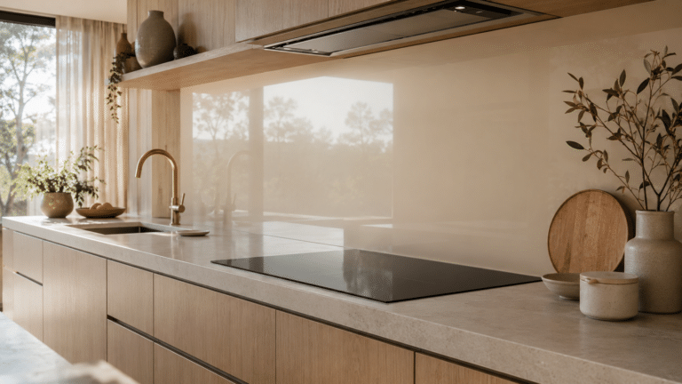 Warm neutral glass splashback in a modern Melbourne kitchen