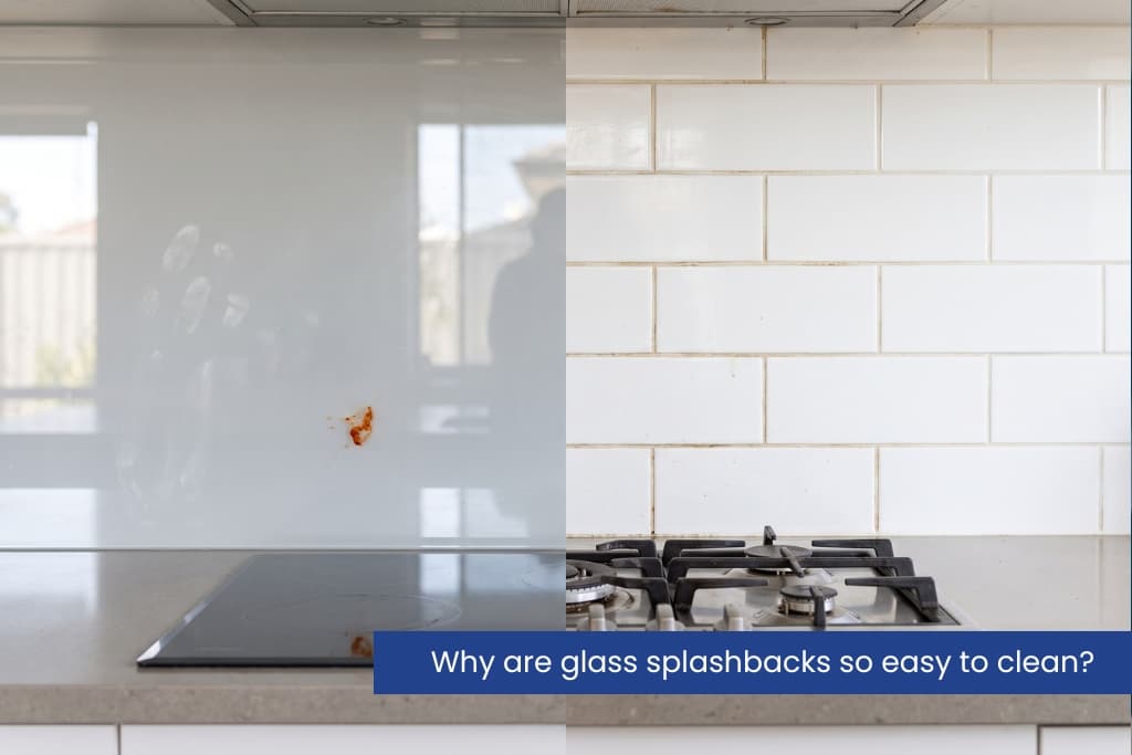 Smooth glass splashback beside a tiled splashback with stained grout lines