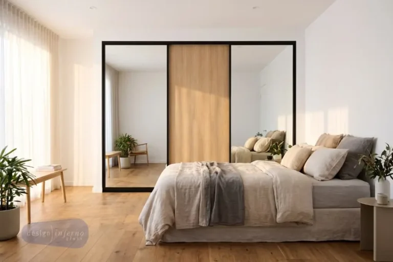 Mirrored sliding glass wardrobe doors with slim black frames in a Melbourne bedroom.