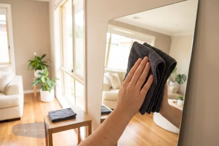 How to clean a wall mirror: a microfibre cloth wiping a large frameless mirror in a bright room
