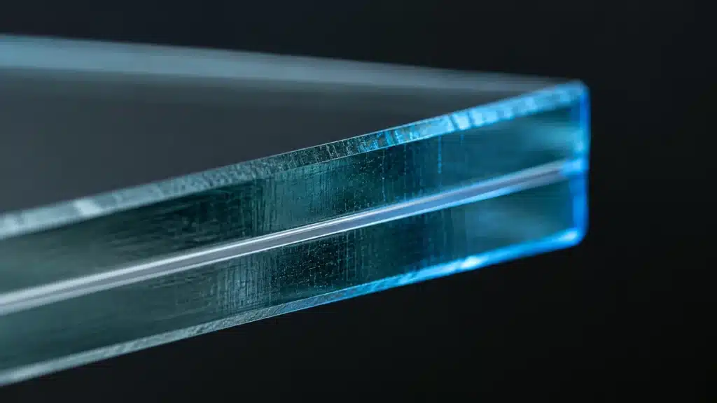 cross section of laminated glass showing two sheets bonded around a clear plastic interlayer