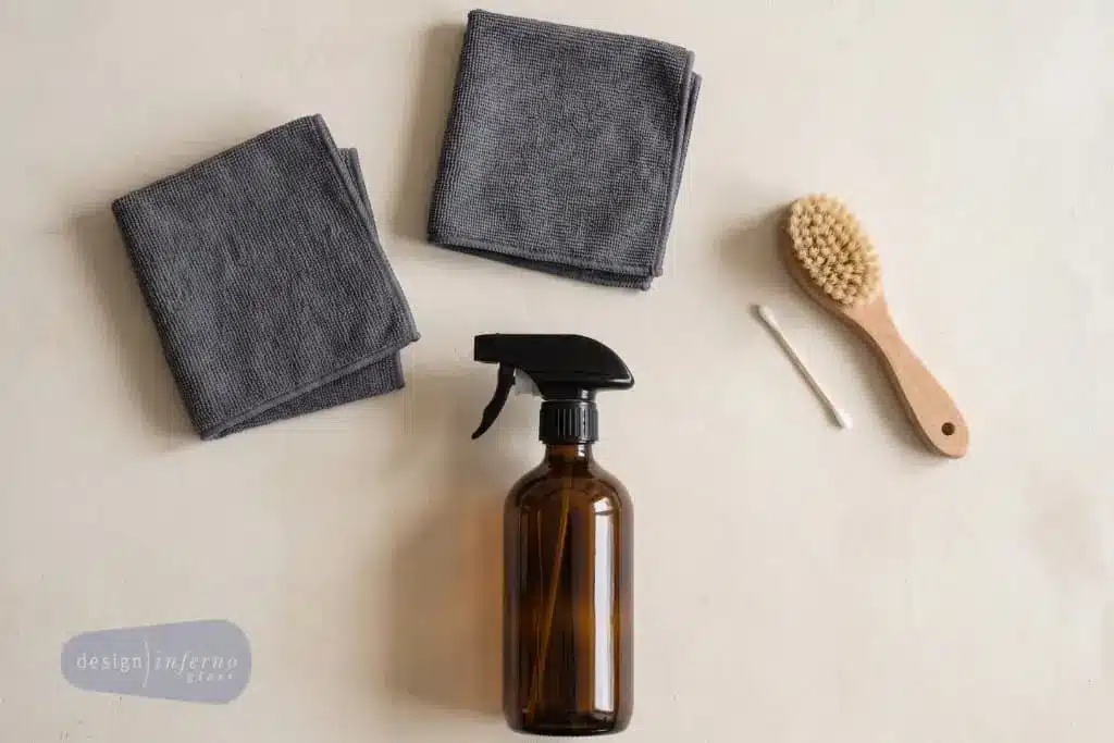 Two folded microfibre cloths and a spray bottle beside a wall mirror ready for cleaning