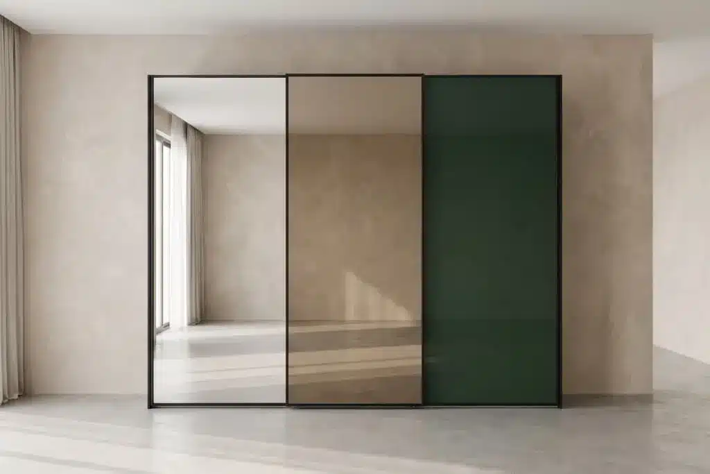 Mirror, bronze tinted and deep green colour back glass wardrobe panels compared side by side.