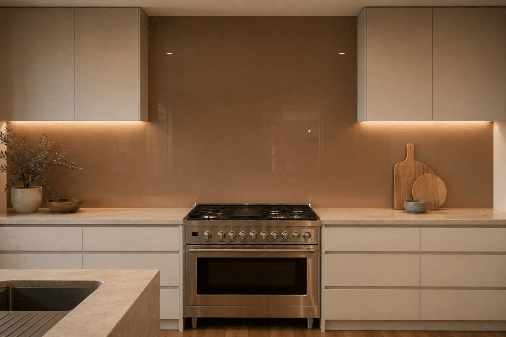 Full-height seamless glass splashback across a warm modern kitchen wall