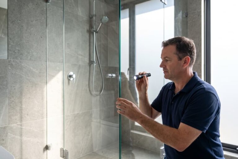 technician checking a frameless glass shower screen for repair or replacement