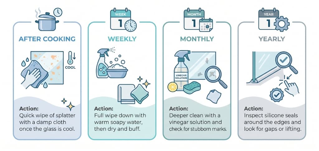 Calendar-style guide to daily, weekly, monthly and yearly splashback care.