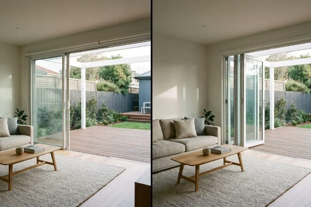 Stacking glass doors beside bifold glass doors showing the difference in sightlines.
