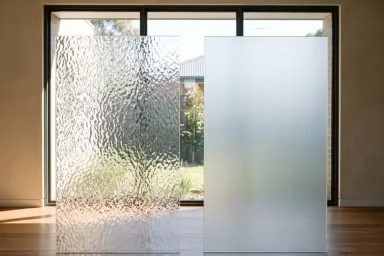 Textured glass vs frosted glass shown side by side as two panels in a bright Melbourne home.