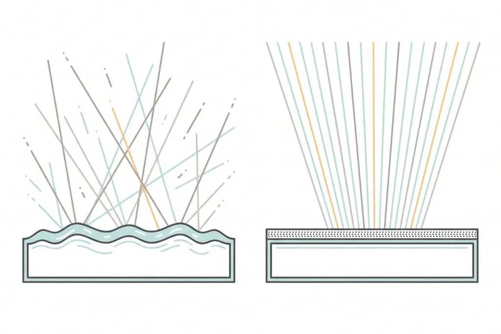 Side by side cross sections showing a rippled textured glass surface and a flat frosted glass surface.