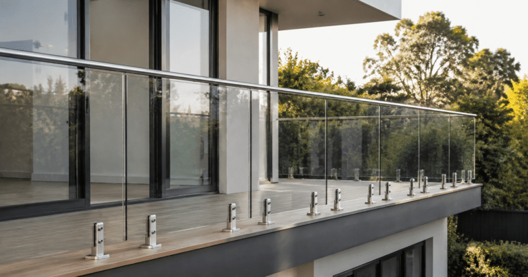 glass balustrade beside a staircase showing the complete safety barrier assembly