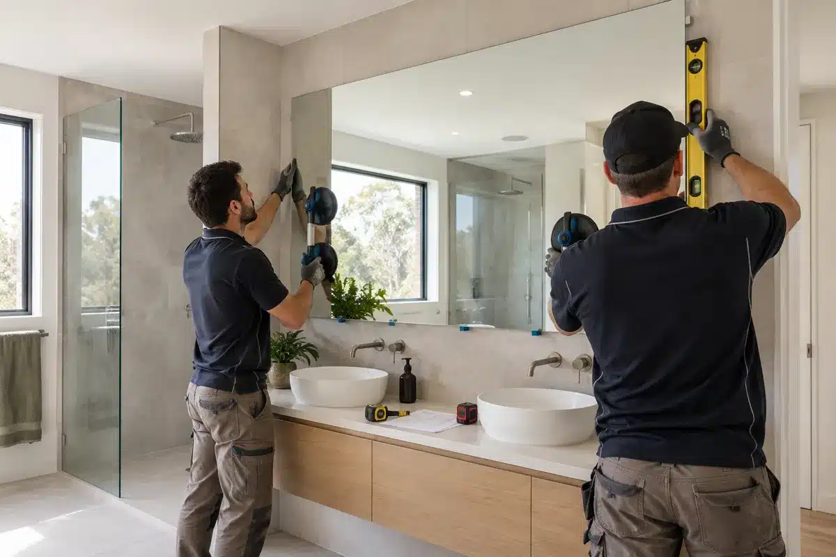 Glaziers installing and levelling a large custom frameless mirror in a modern Melbourne bathroom