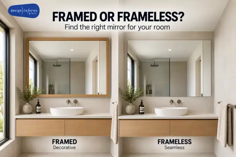 Frameless bevelled wall mirror beside a black timber framed mirror in a contemporary room