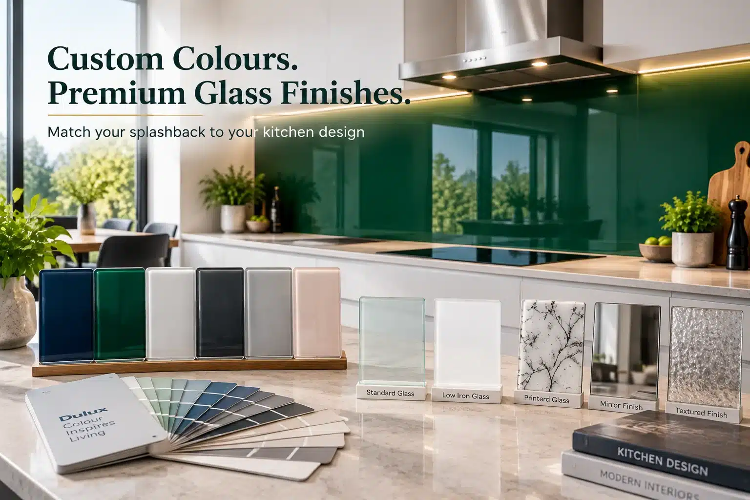 Custom emerald green back-painted glass splashback with colour samples and premium finishes in a modern kitchen showroom