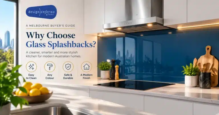 Deep blue back-painted glass splashback behind an induction cooktop in a modern kitchen