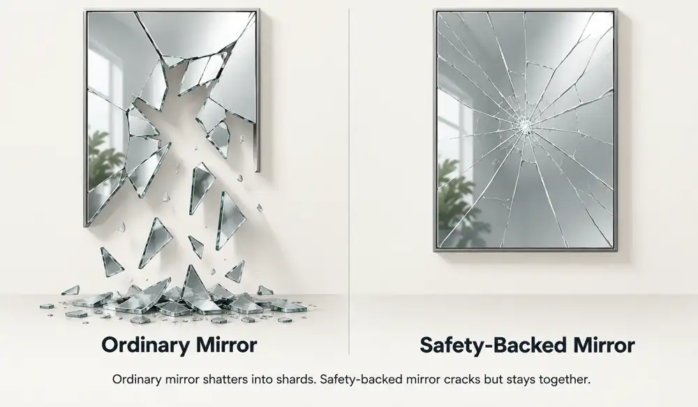 Ordinary mirror shattering into sharp shards beside a safety-backed mirror cracking but holding together